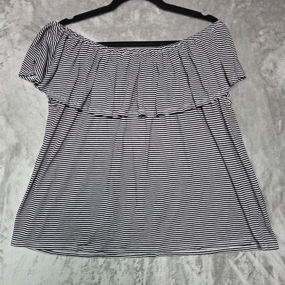 Mossimo Womens Black White Striped Off Shoulder Ruffle Blouse Top Medium